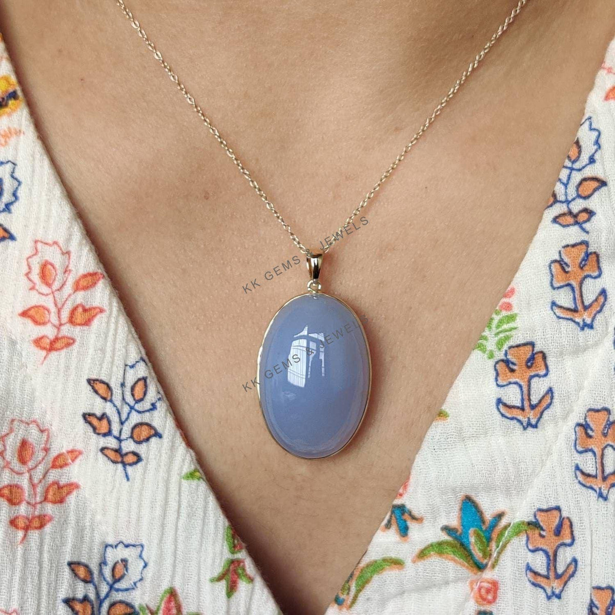 14K Solid Yellow Gold Natural Blue Chalcedony Pendant, Oval Gemstone Jewelry
