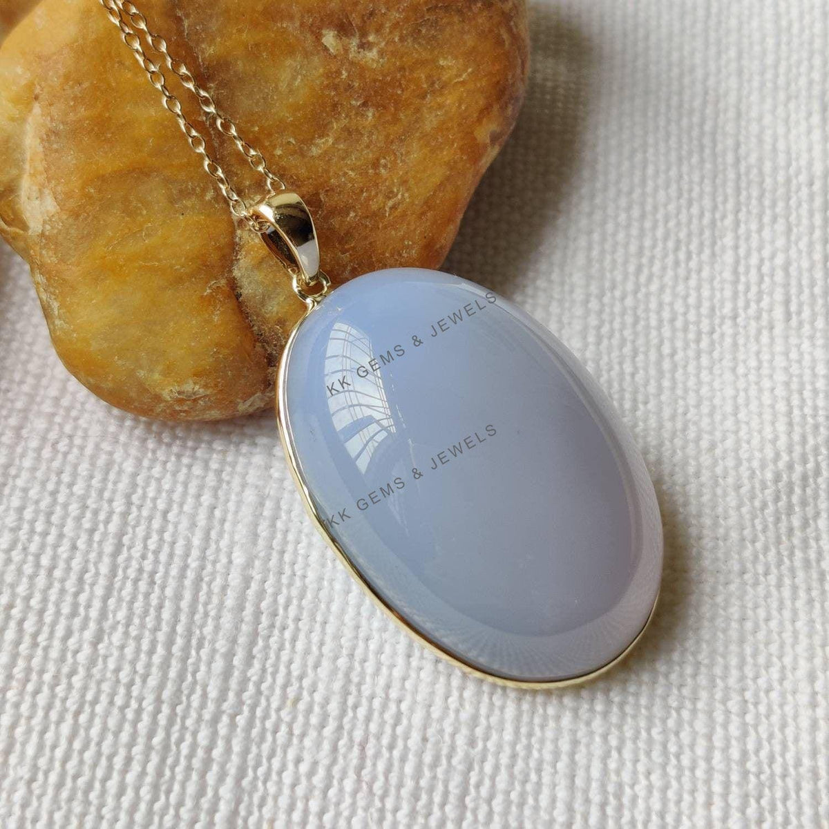 14K Solid Yellow Gold Natural Blue Chalcedony Pendant, Oval Gemstone Jewelry