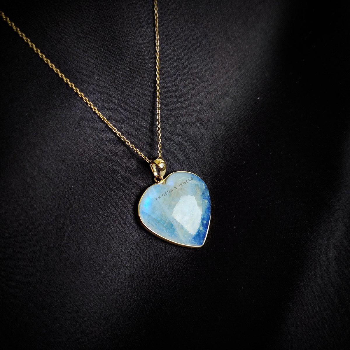 14K Solid Yellow Gold Natural Rainbow Moonstone Heart Pendant, June Birthstone
