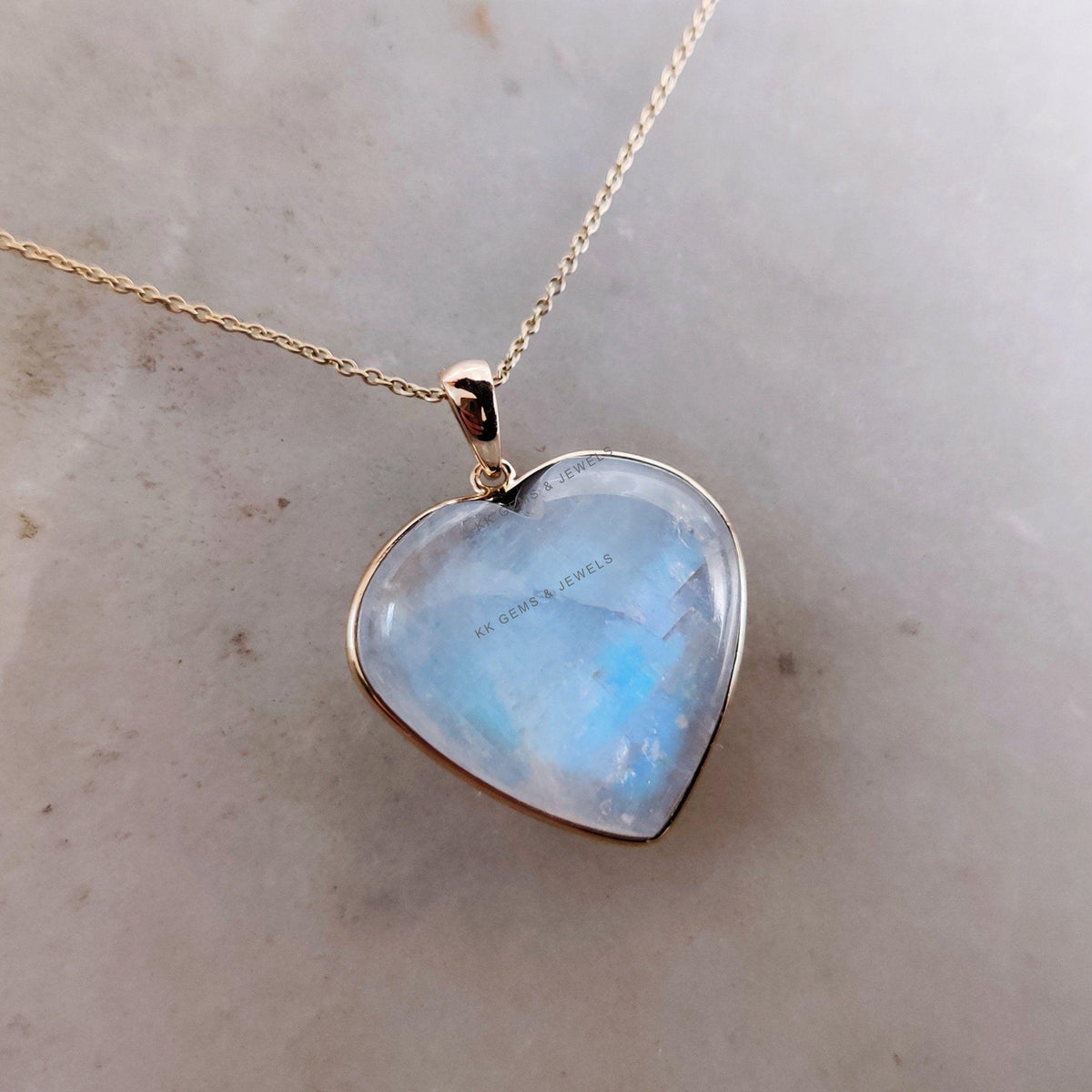 14K Solid Yellow Gold Natural Rainbow Moonstone Heart Pendant, June Birthstone
