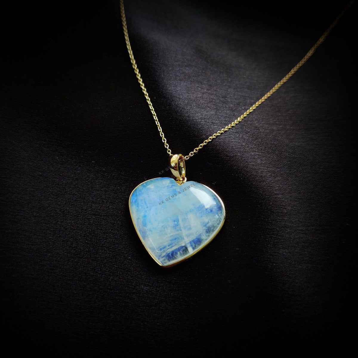 14K Solid Yellow Gold Natural Rainbow Moonstone Heart Pendant, June Birthstone