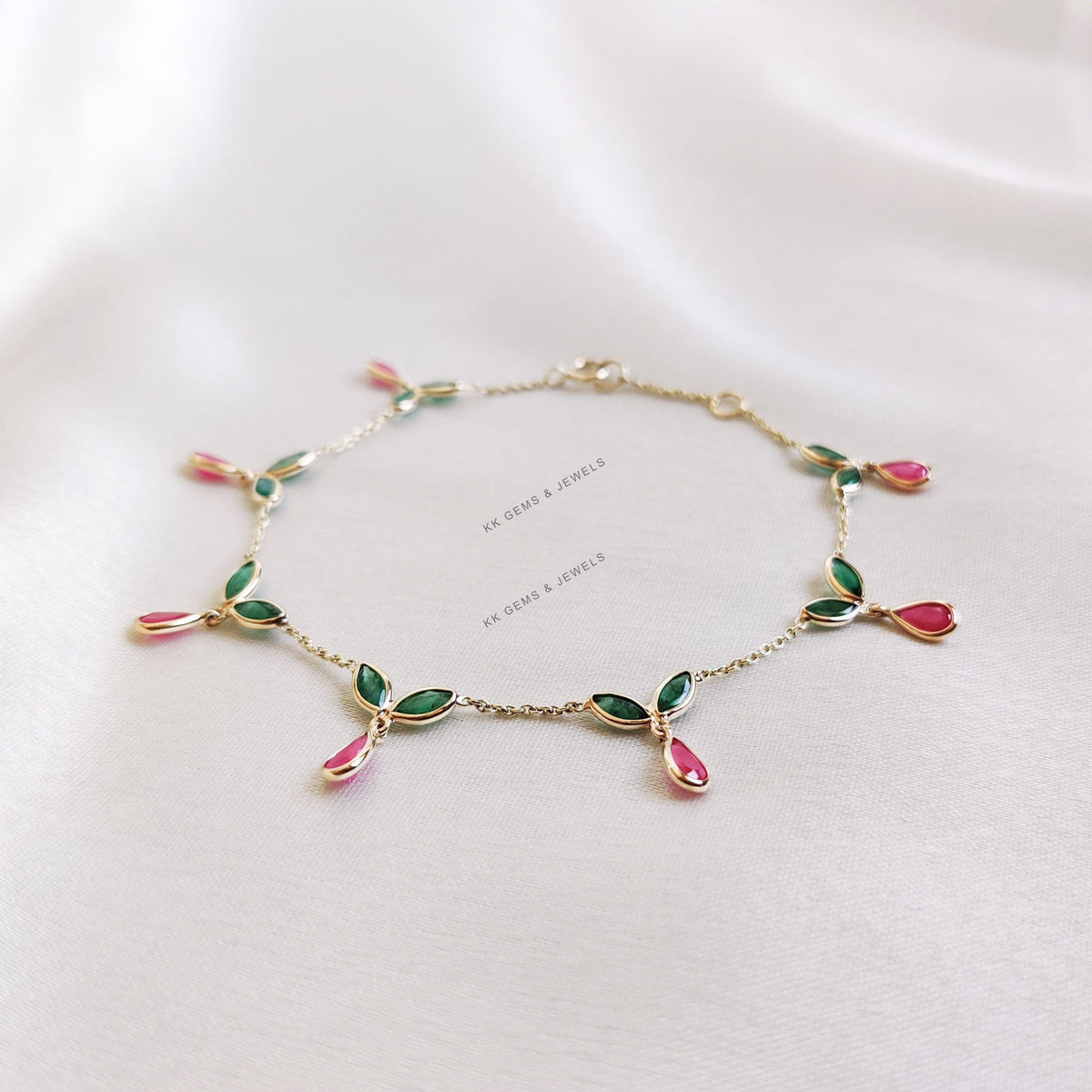 Natural Ruby & Emerald Bracelet, 14K Solid Yellow Gold Gemstone Bracelet