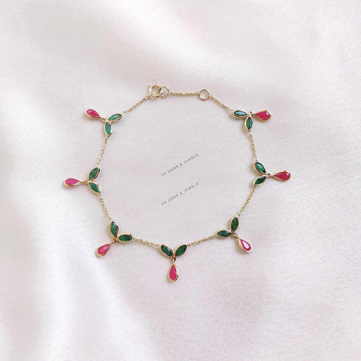 Natural Ruby & Emerald Bracelet, 14K Solid Yellow Gold Gemstone Bracelet