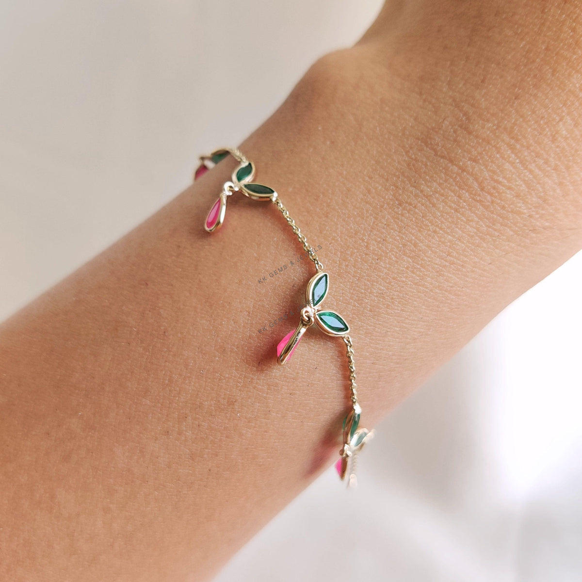 Natural Ruby & Emerald Bracelet, 14K Solid Yellow Gold Gemstone Bracelet