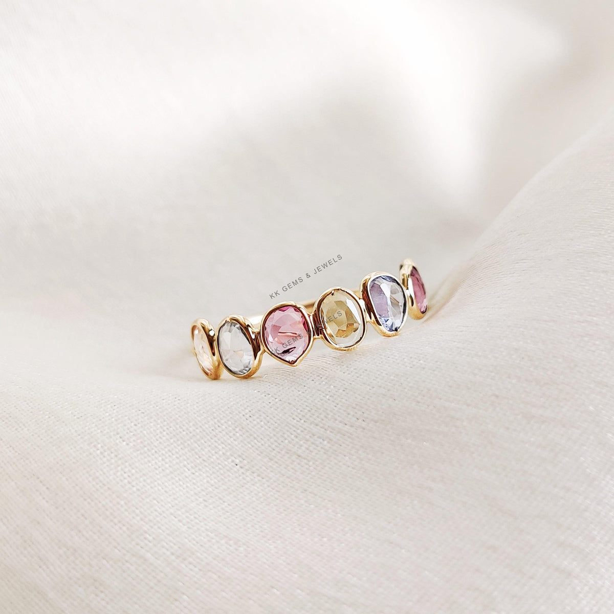 14K Solid Yellow Gold Natural Multi Sapphire Ring, Bezel Set Eternity Band, Christmas Present