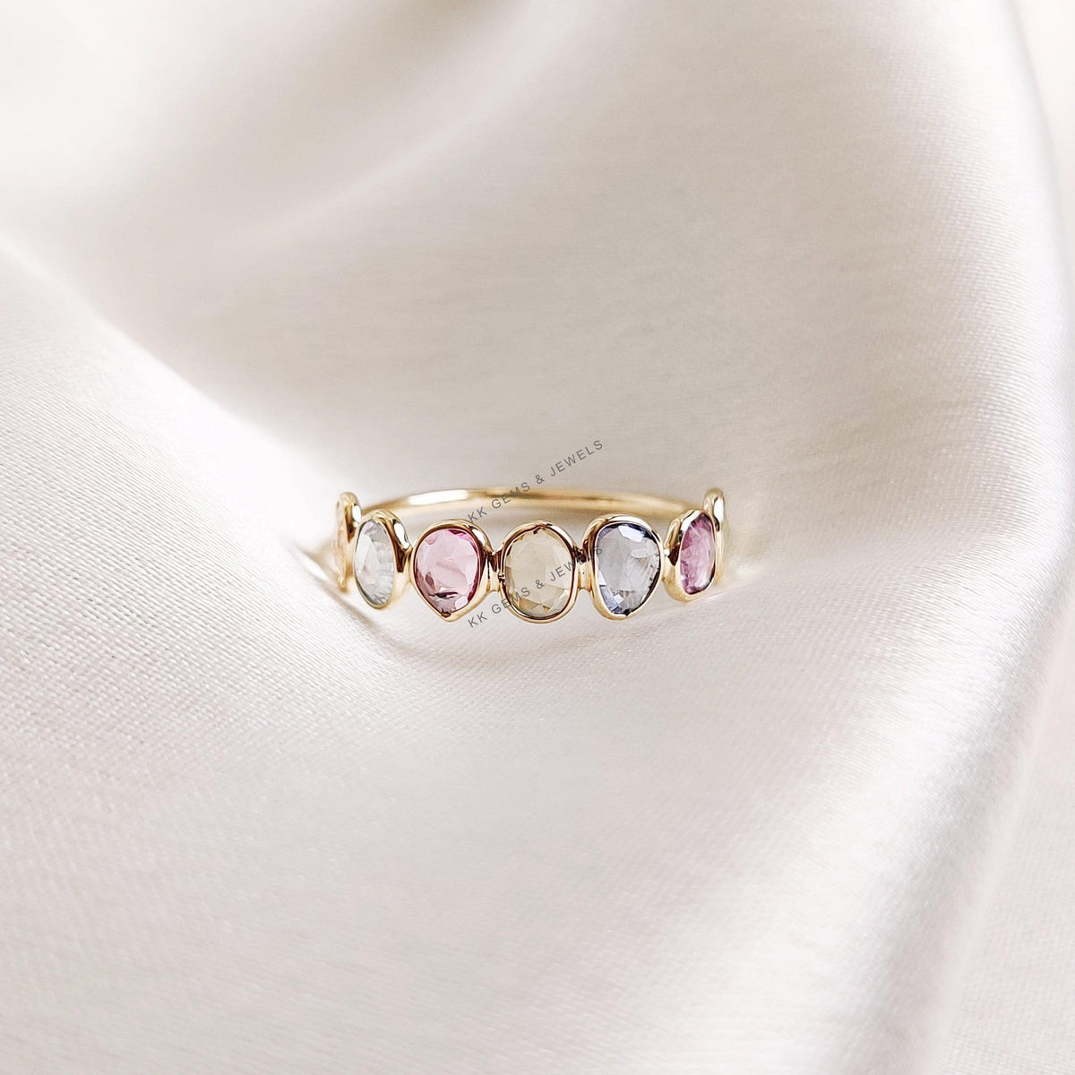 14K Solid Yellow Gold Natural Multi Sapphire Ring, Bezel Set Eternity Band, Christmas Present