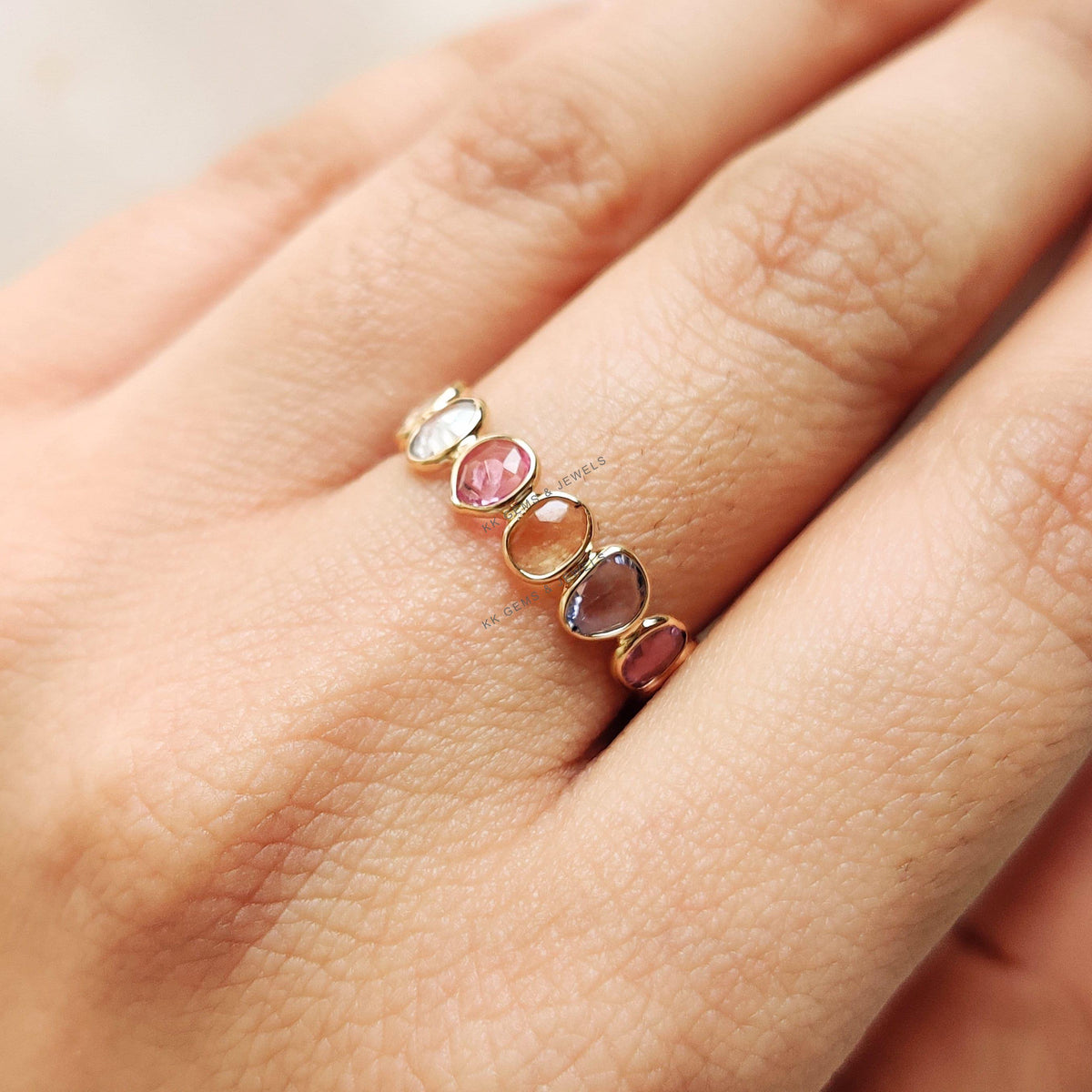 14K Solid Yellow Gold Natural Multi Sapphire Ring, Bezel Set Eternity Band, Christmas Present