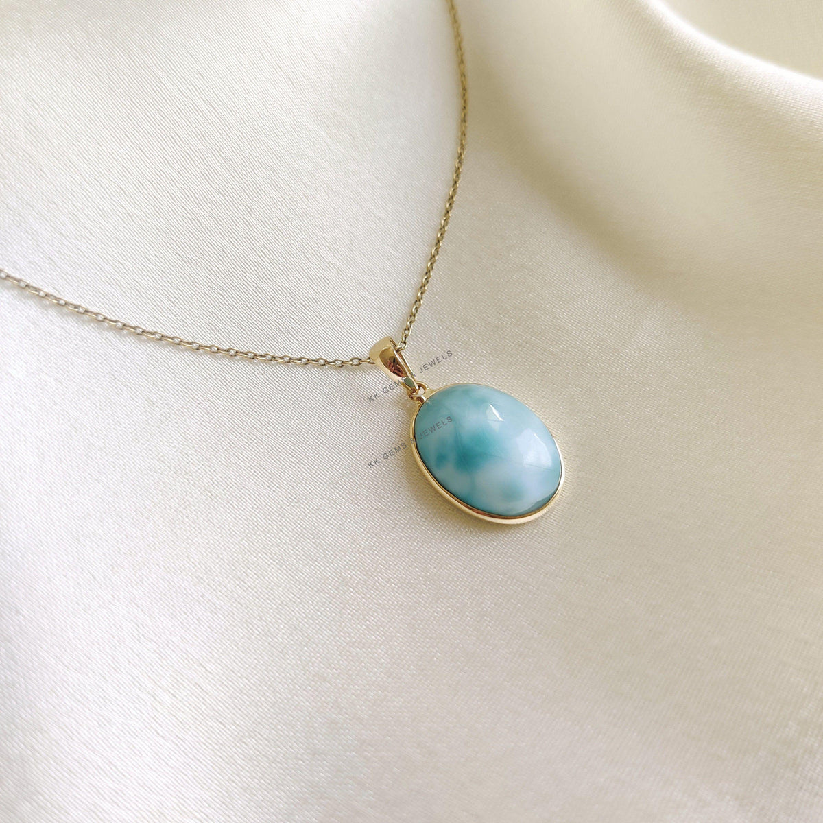 Natural Oval Larimar Pendant, 14K Solid Yellow Gold, March Birthstone