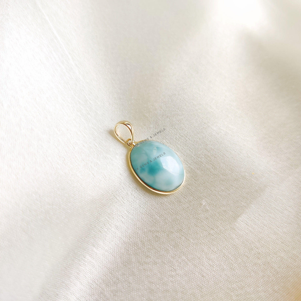 Natural Oval Larimar Pendant, 14K Solid Yellow Gold, March Birthstone