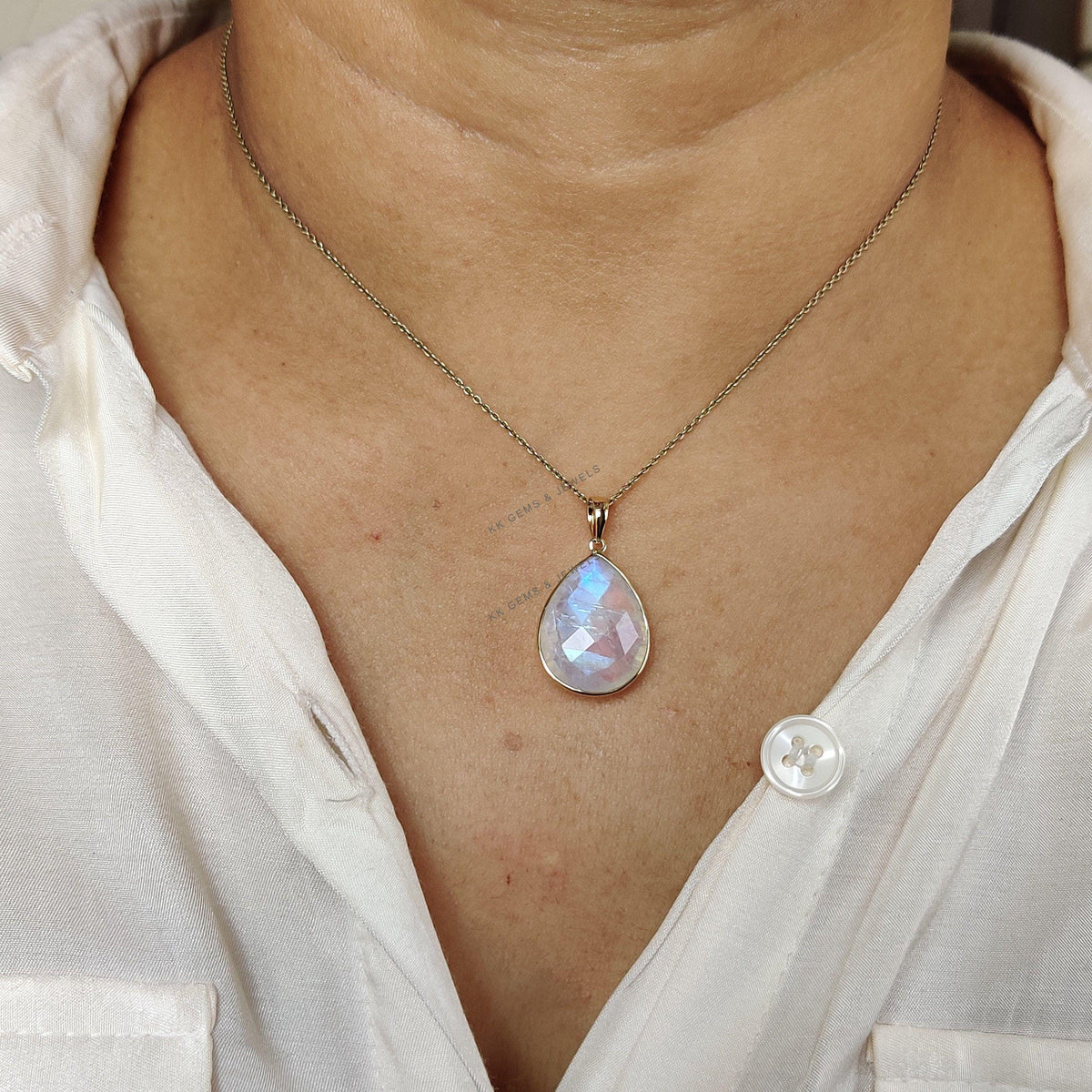 Natural Rainbow Moonstone Pendant, 14K Solid Yellow Gold Pendant, June Birthstone