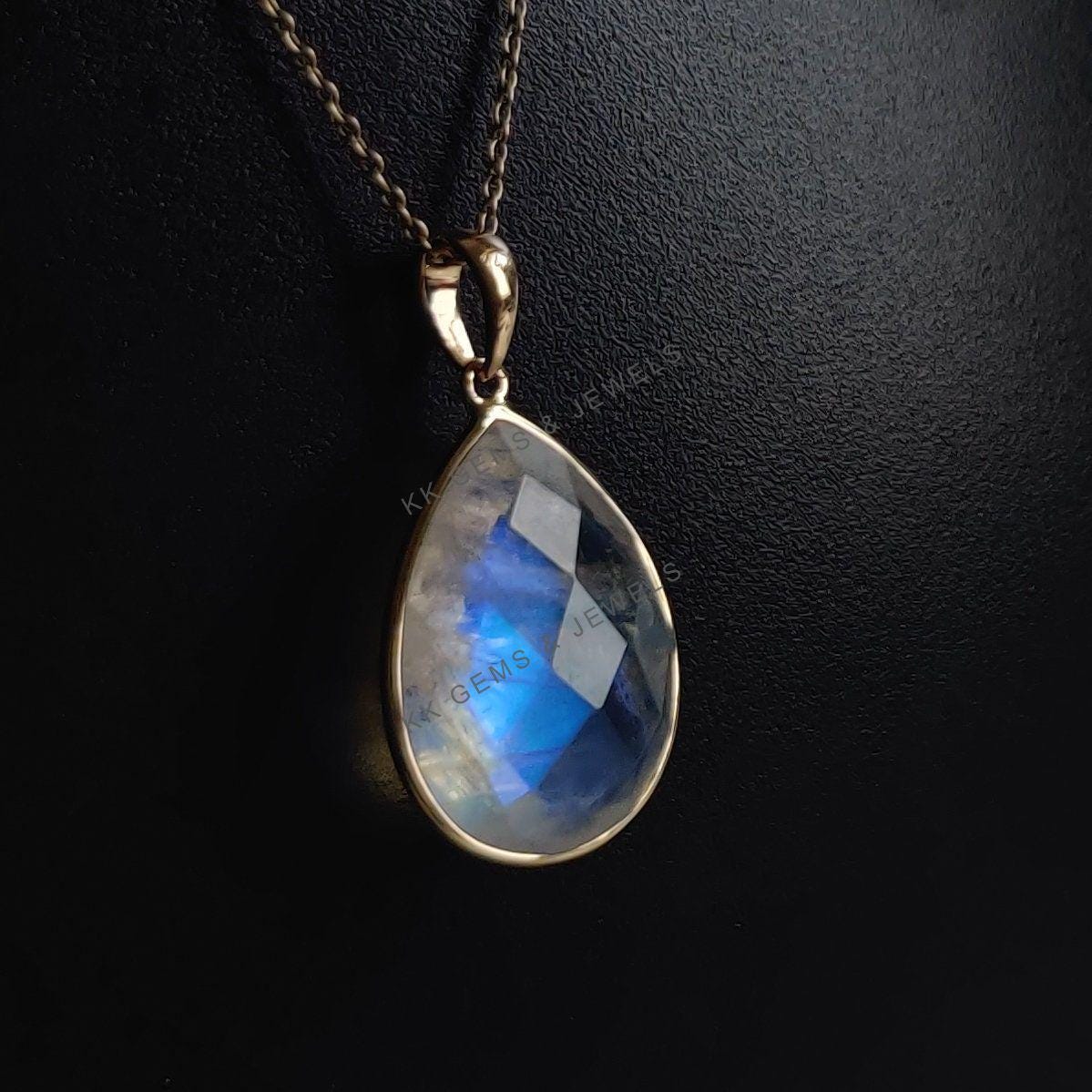 Natural Rainbow Moonstone Pendant, 14K Solid Yellow Gold Pendant, June Birthstone