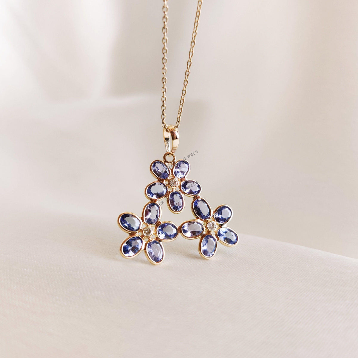 Natural Tanzanite & Diamond Flower Pendant, 14K Solid Gold, December Birthstone