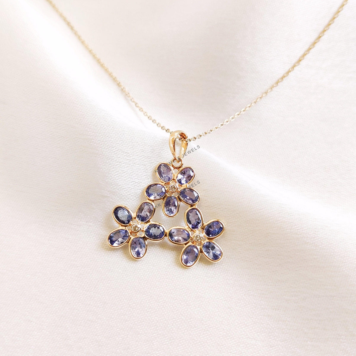 Natural Tanzanite & Diamond Flower Pendant, 14K Solid Gold, December Birthstone