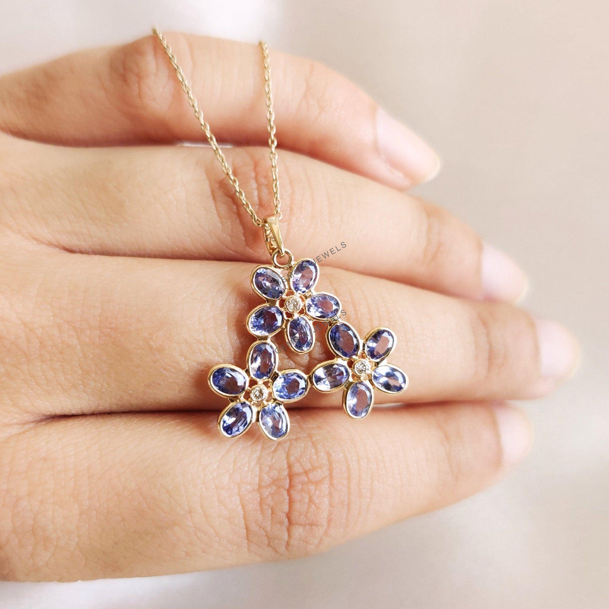 Natural Tanzanite & Diamond Flower Pendant, 14K Solid Gold, December Birthstone