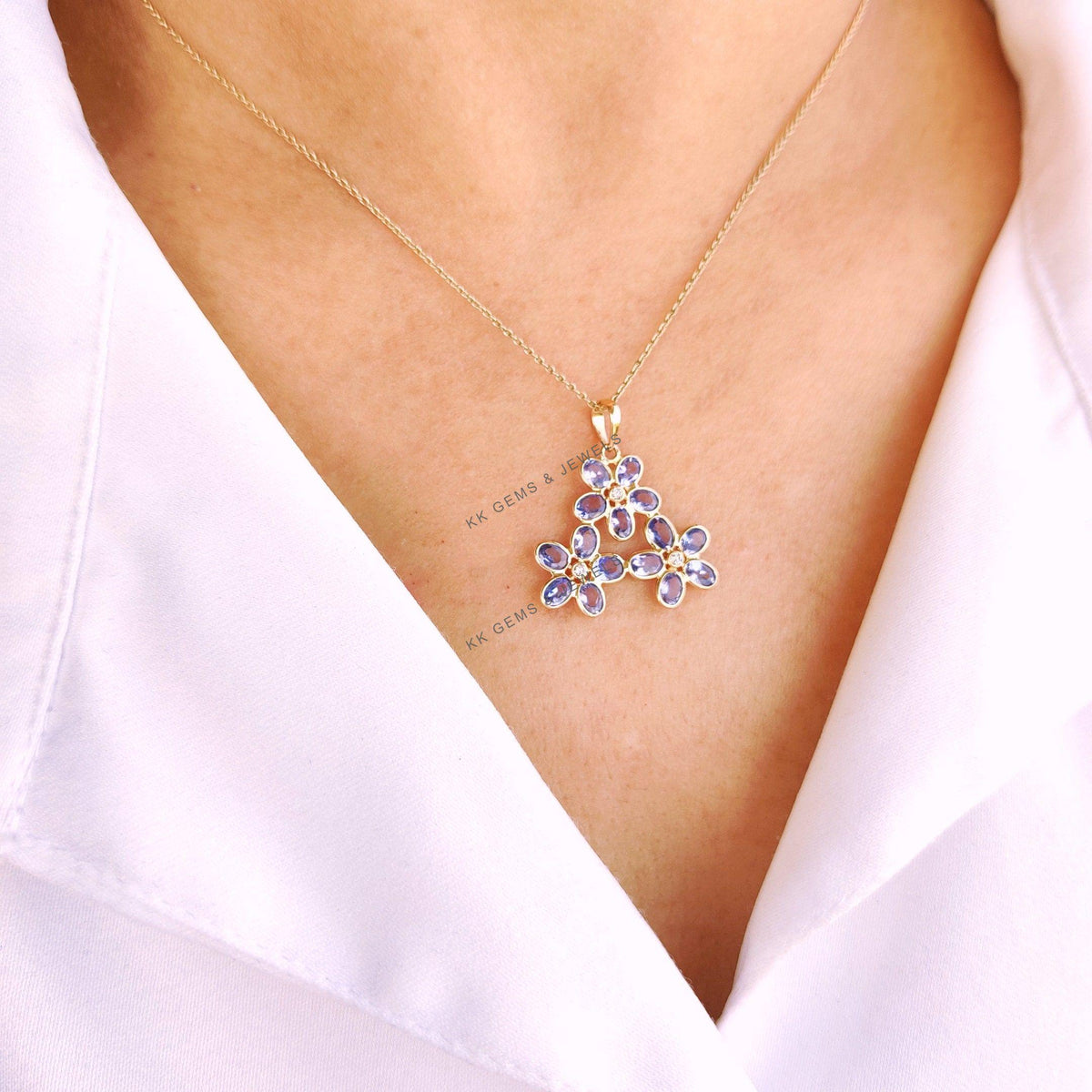 Natural Tanzanite & Diamond Flower Pendant, 14K Solid Gold, December Birthstone