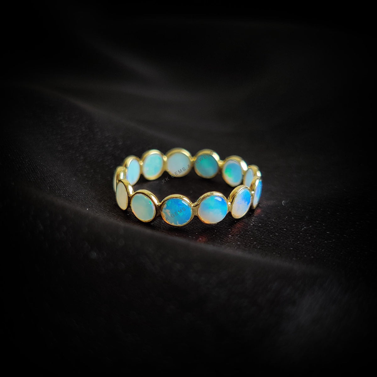Natural White Opal Ring, 14K Solid Yellow Gold Infinity Band, October Birthstone