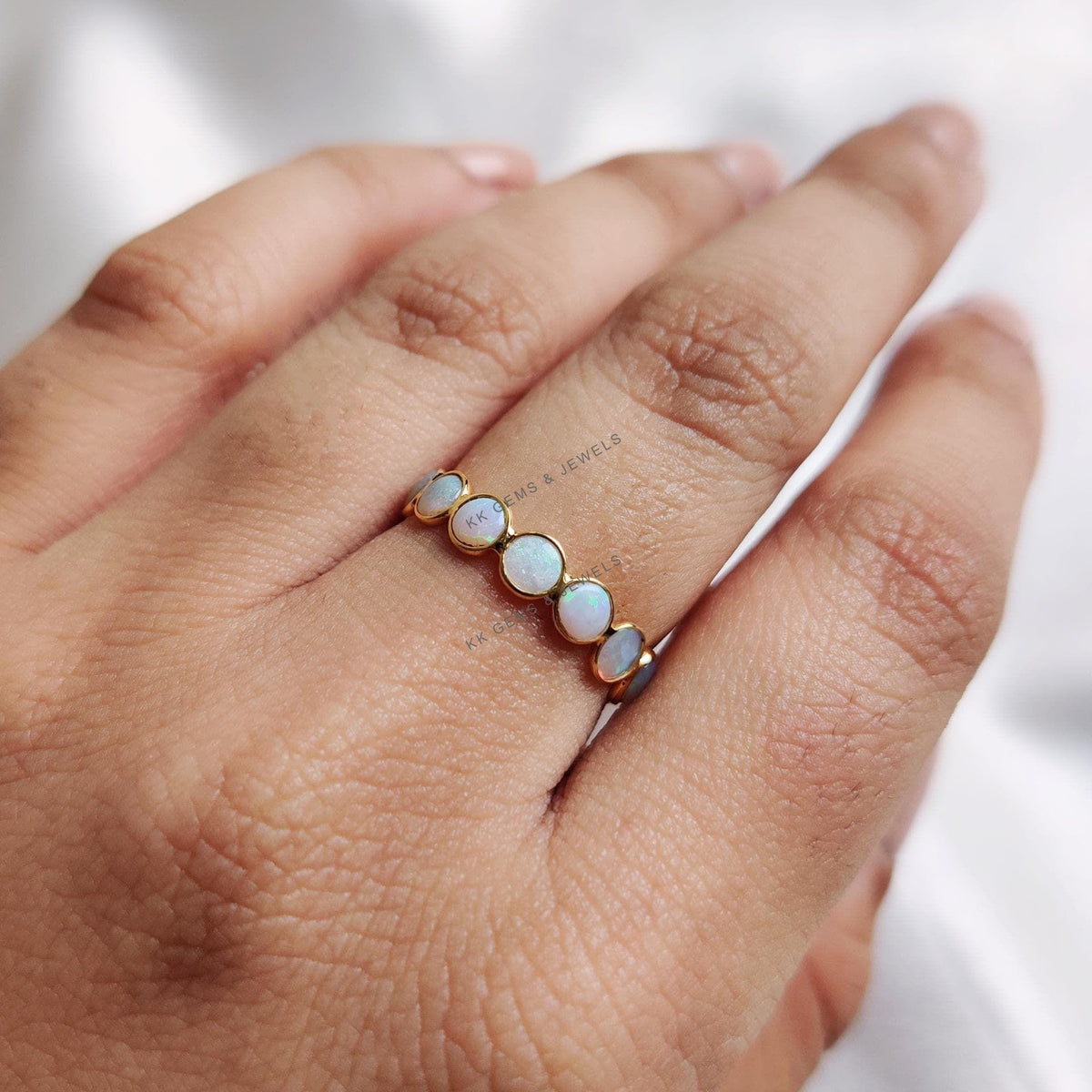 Natural White Opal Ring, 14K Solid Yellow Gold Infinity Band, October Birthstone