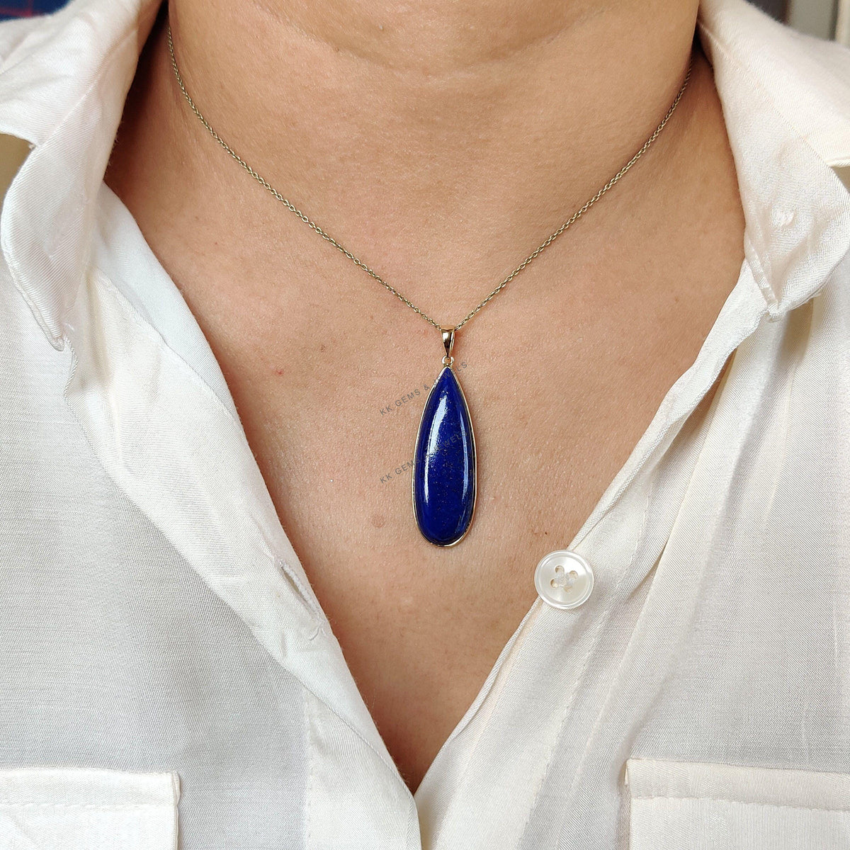 14K Solid Yellow Gold Natural Pear Lapis Lazuli Pendant, September Birthstone