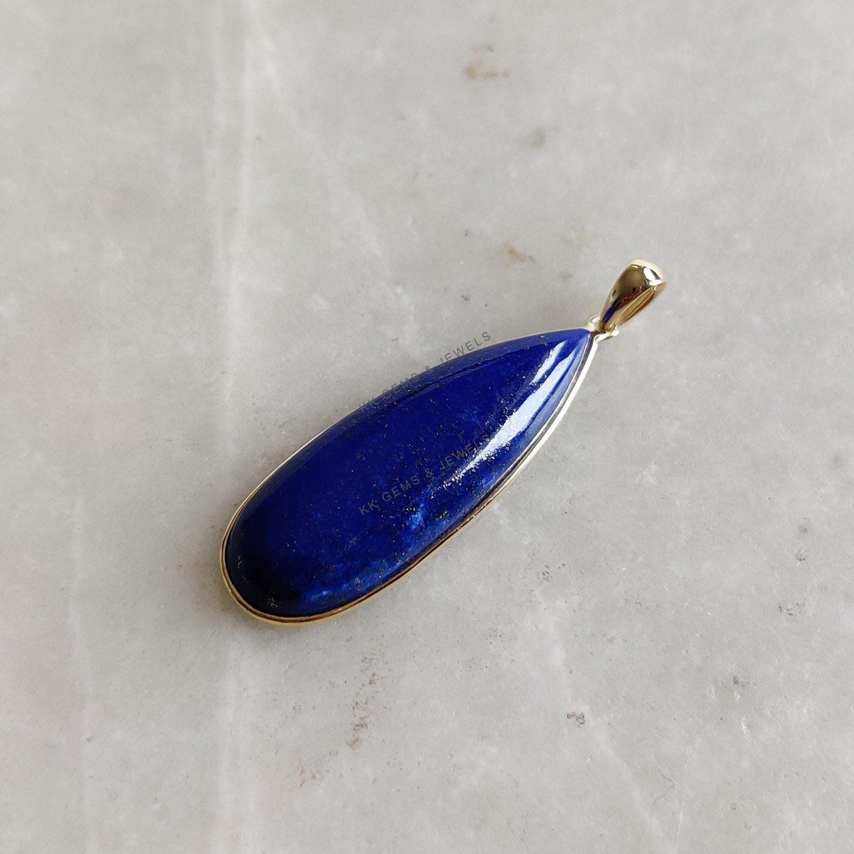 14K Solid Yellow Gold Natural Pear Lapis Lazuli Pendant, September Birthstone