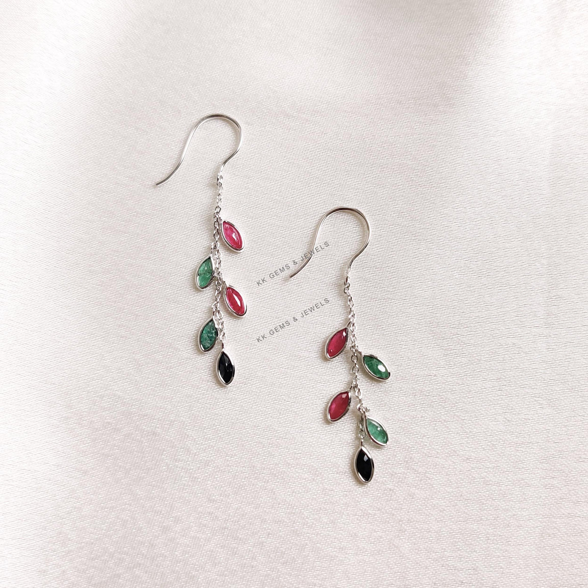Natural Ruby & Emerald and Sapphire Dangler Earrings, 14K Solid White Gold Earrings