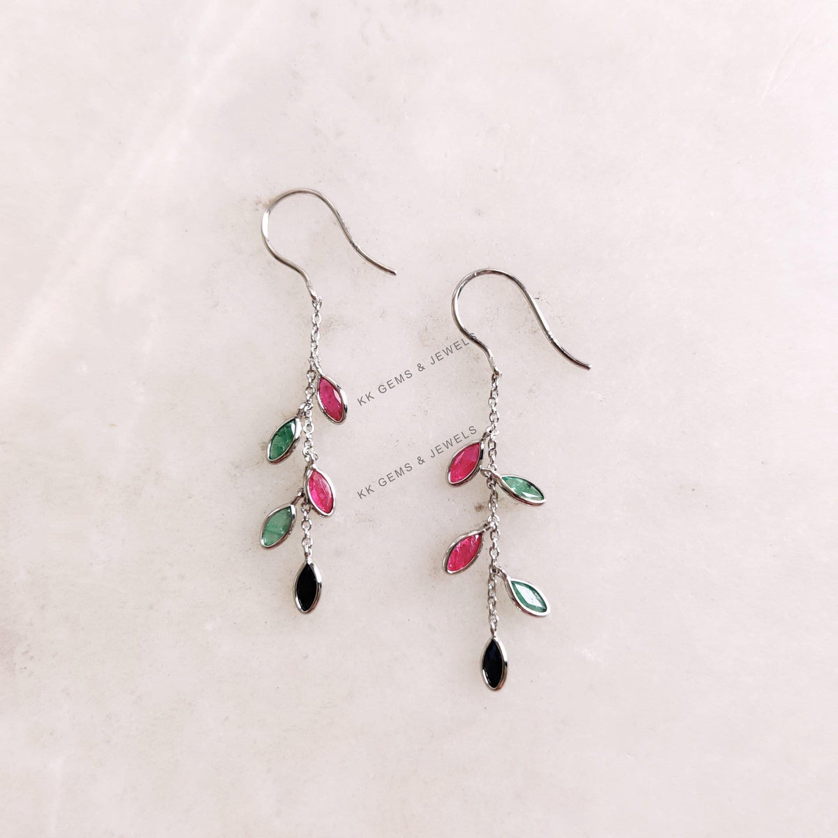 Natural Ruby & Emerald and Sapphire Dangler Earrings, 14K Solid White Gold Earrings