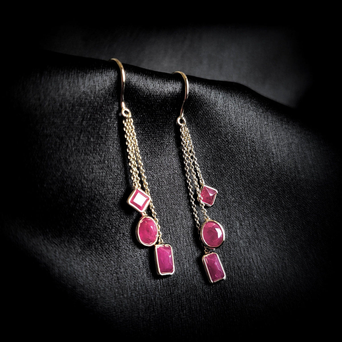 14K Solid Yellow Gold Natural Ruby Dangle Earrings, July Birthstone