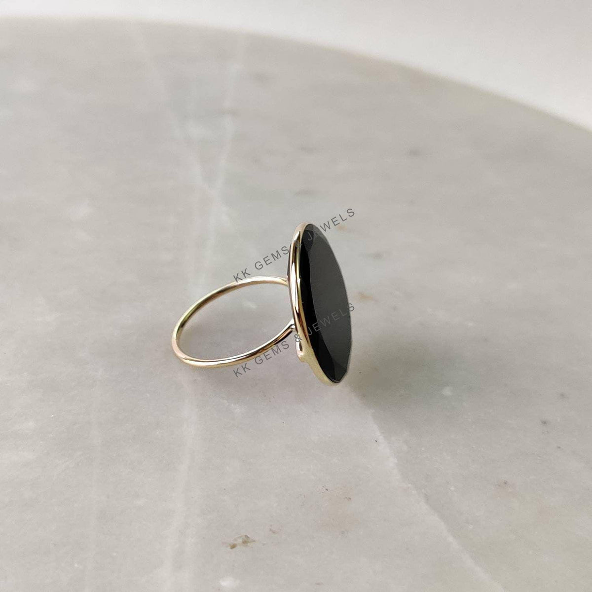 Natural Black Onyx 14K Solid Yellow Gold Ring, Bezel Setting, December Birthstone