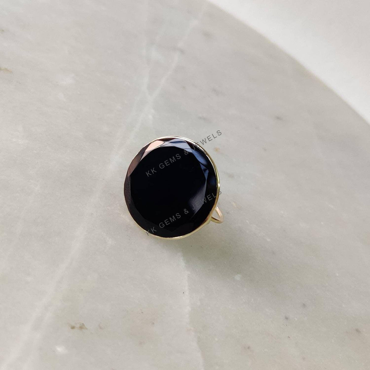 Natural Black Onyx 14K Solid Yellow Gold Ring, Bezel Setting, December Birthstone