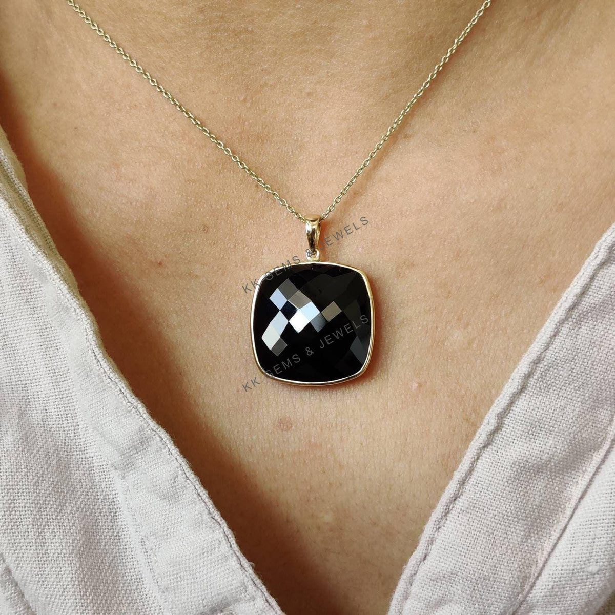 14K Solid Yellow Gold Natural Black Onyx Bezel Pendant, December Birthstone