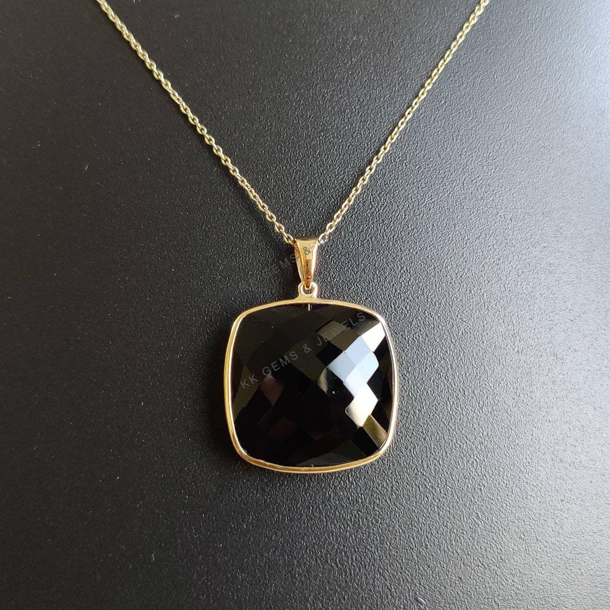 14K Solid Yellow Gold Natural Black Onyx Bezel Pendant, December Birthstone