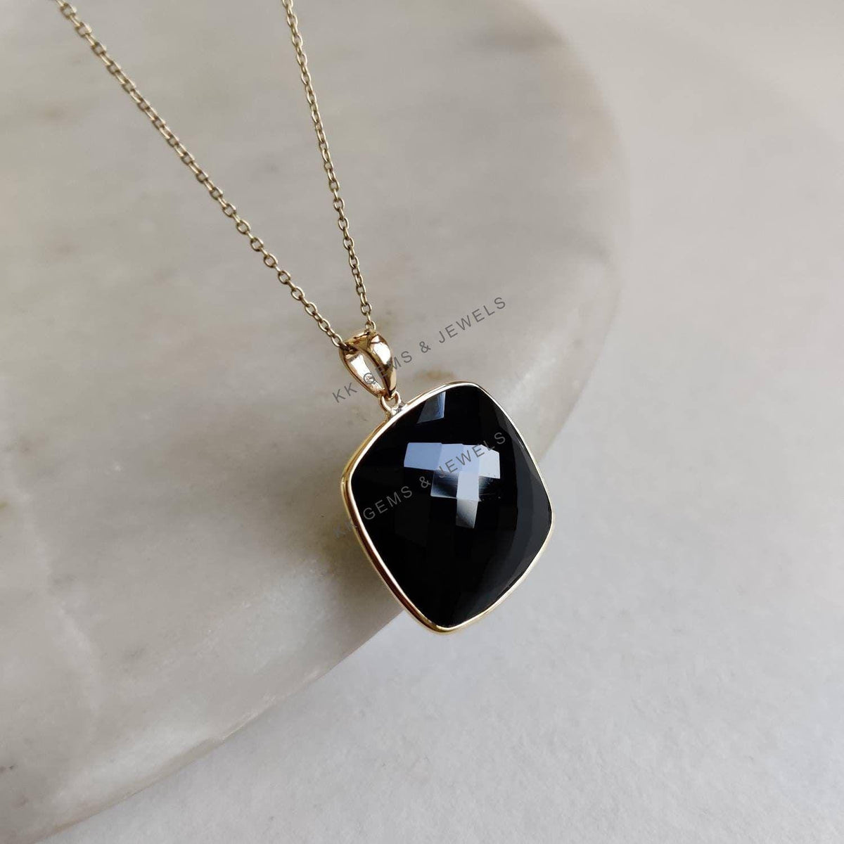 14K Solid Yellow Gold Natural Black Onyx Bezel Pendant, December Birthstone
