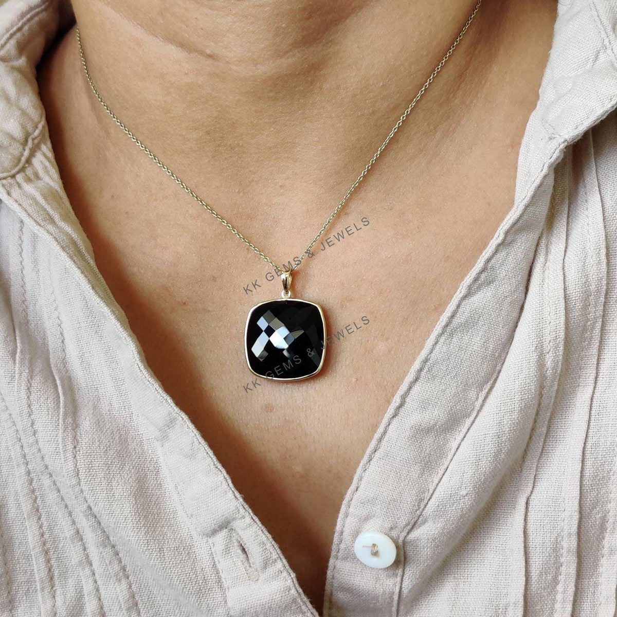 14K Solid Yellow Gold Natural Black Onyx Bezel Pendant, December Birthstone