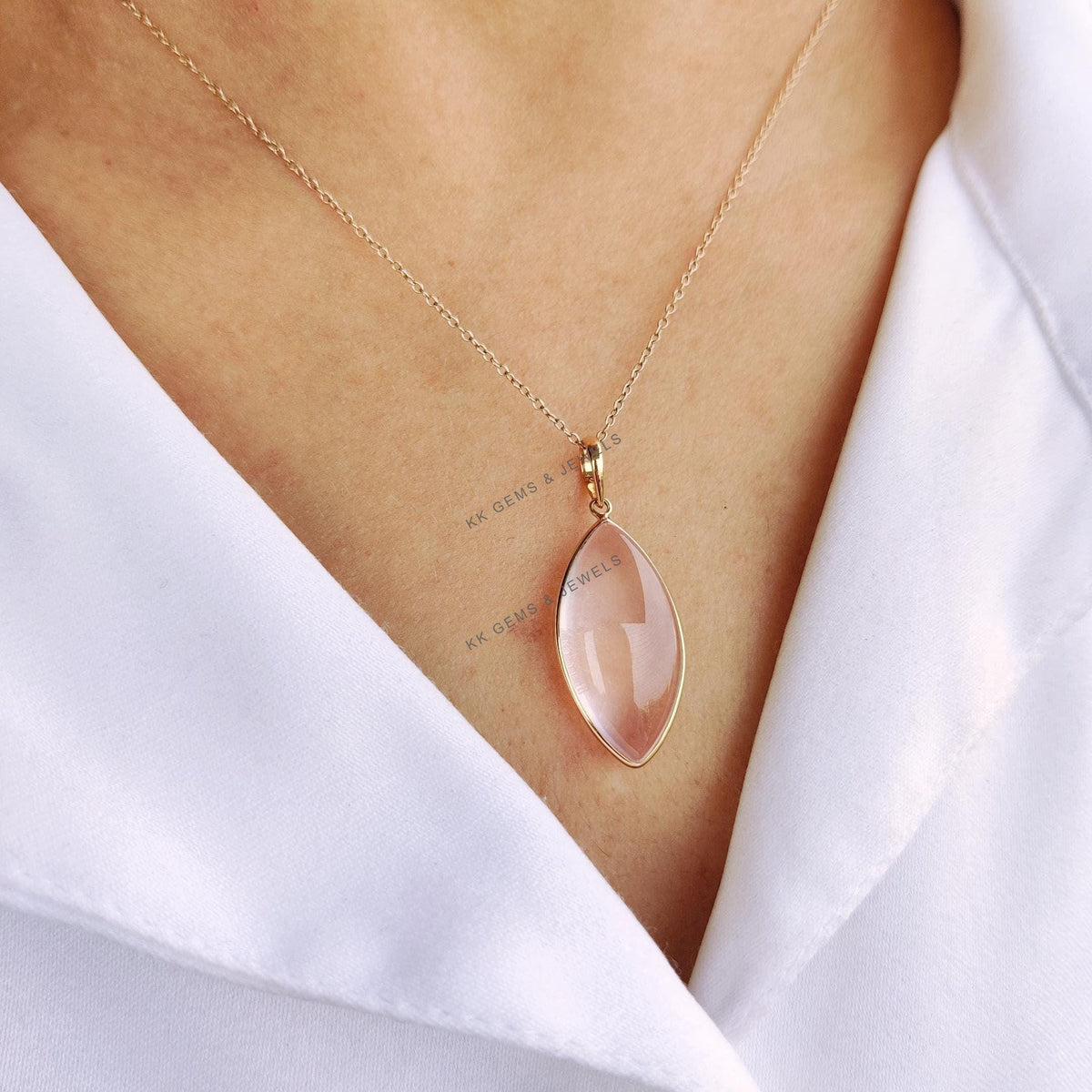Natural Rose Quartz Marquise Pendant, 14K Solid Yellow Gold Pendant, January Birthstone, Christmas Present