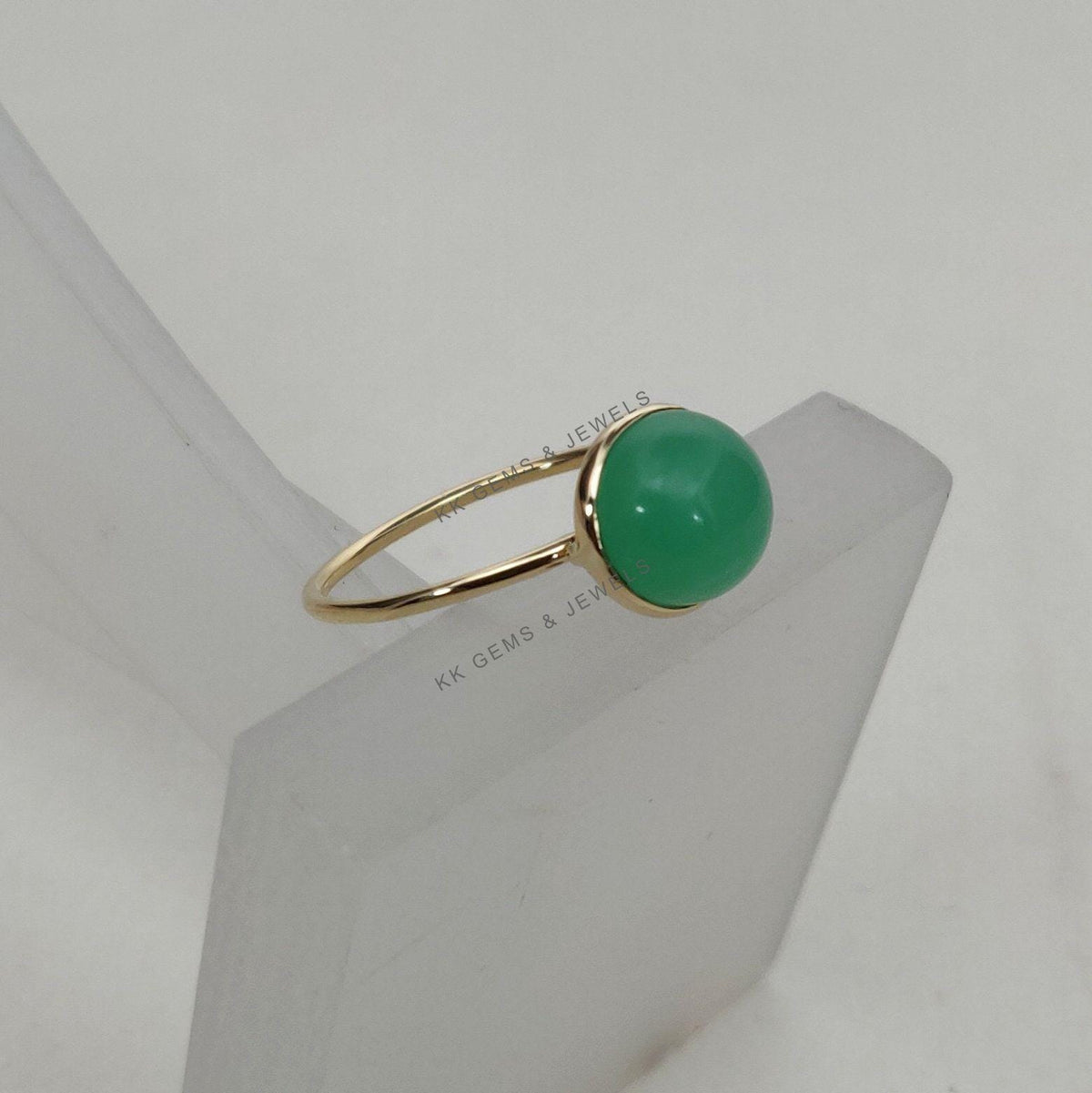 Natural Chrysoprase Ring, 14K Solid Yellow Gold Bezel Ring, May Birthstone