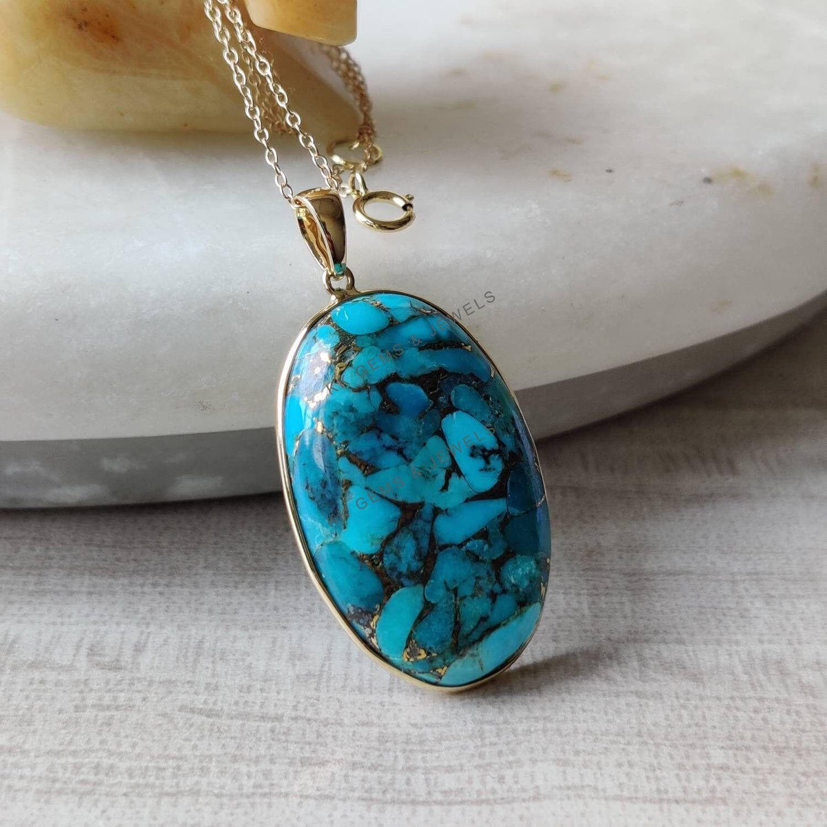 Natural Sleeping Beauty Turquoise Pendant, 14K Solid Yellow Gold Bezel Pendant, December Birthstone