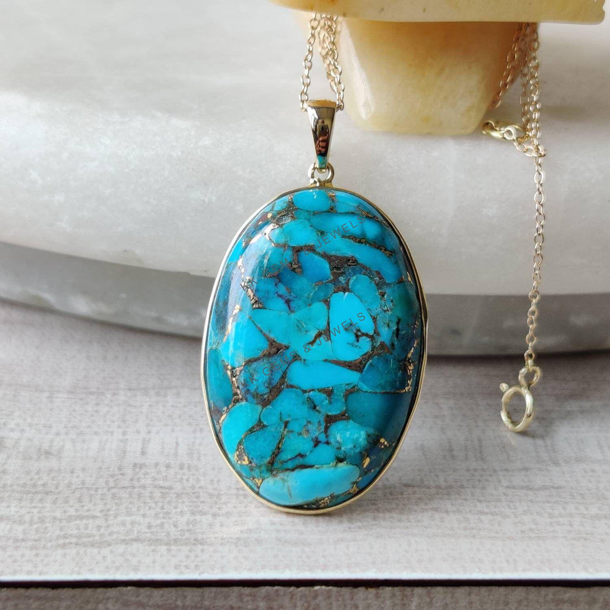 Natural Sleeping Beauty Turquoise Pendant, 14K Solid Yellow Gold Bezel Pendant, December Birthstone