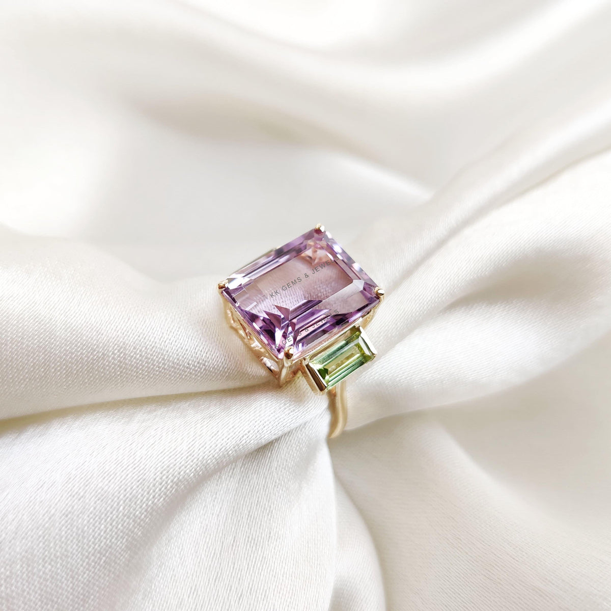 Natural Pink Amethyst & Peridot Ring, 14K Solid Yellow Gold Statement Ring
