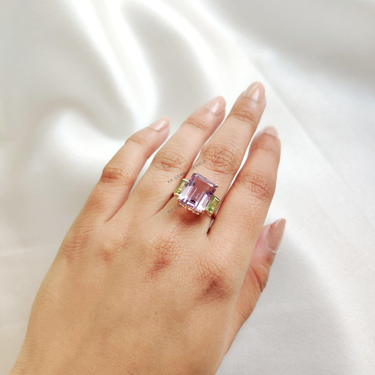 Natural Pink Amethyst & Peridot Ring, 14K Solid Yellow Gold Statement Ring