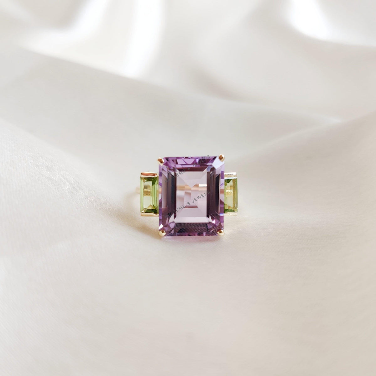 Natural Pink Amethyst & Peridot Ring, 14K Solid Yellow Gold Statement Ring