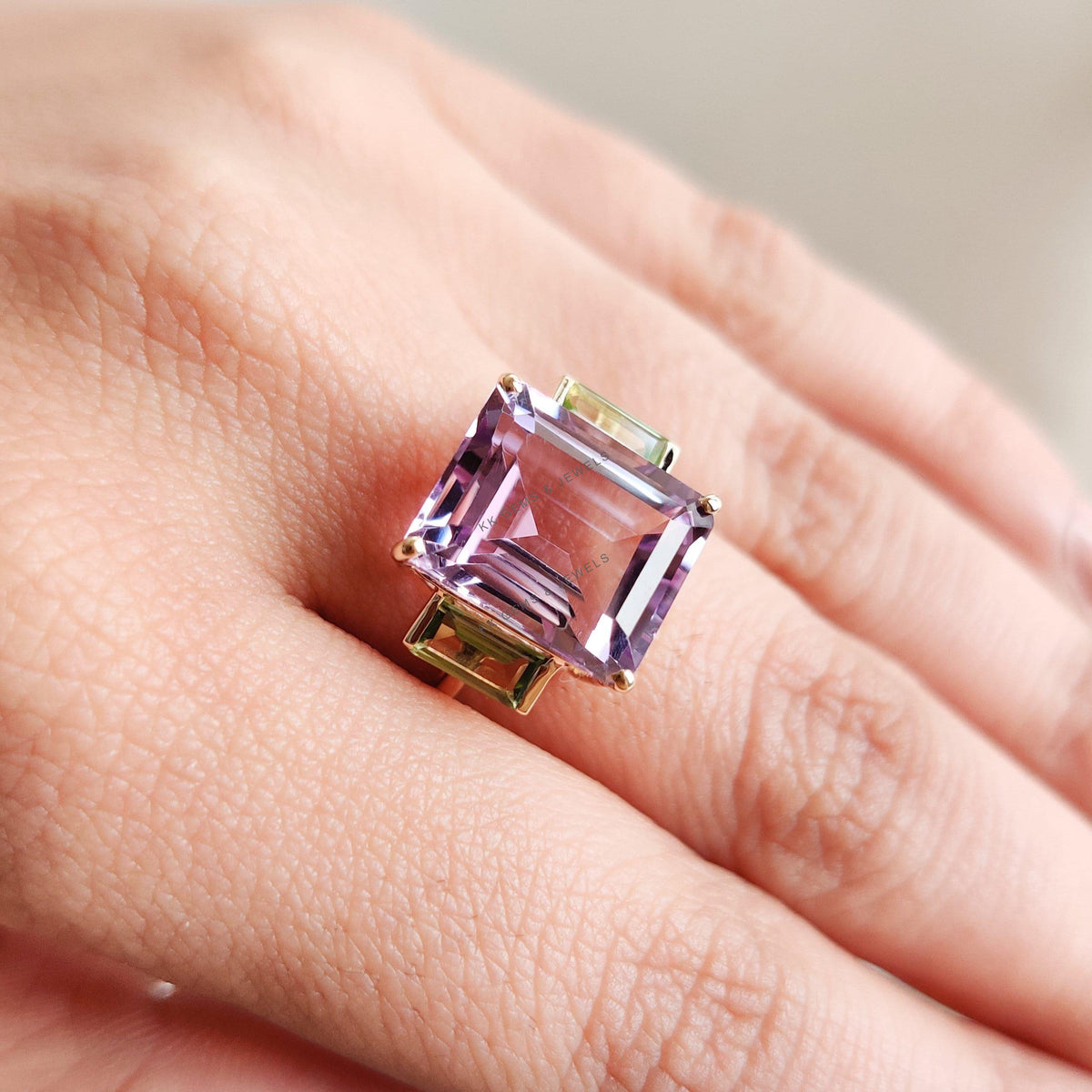 Natural Pink Amethyst & Peridot Ring, 14K Solid Yellow Gold Statement Ring