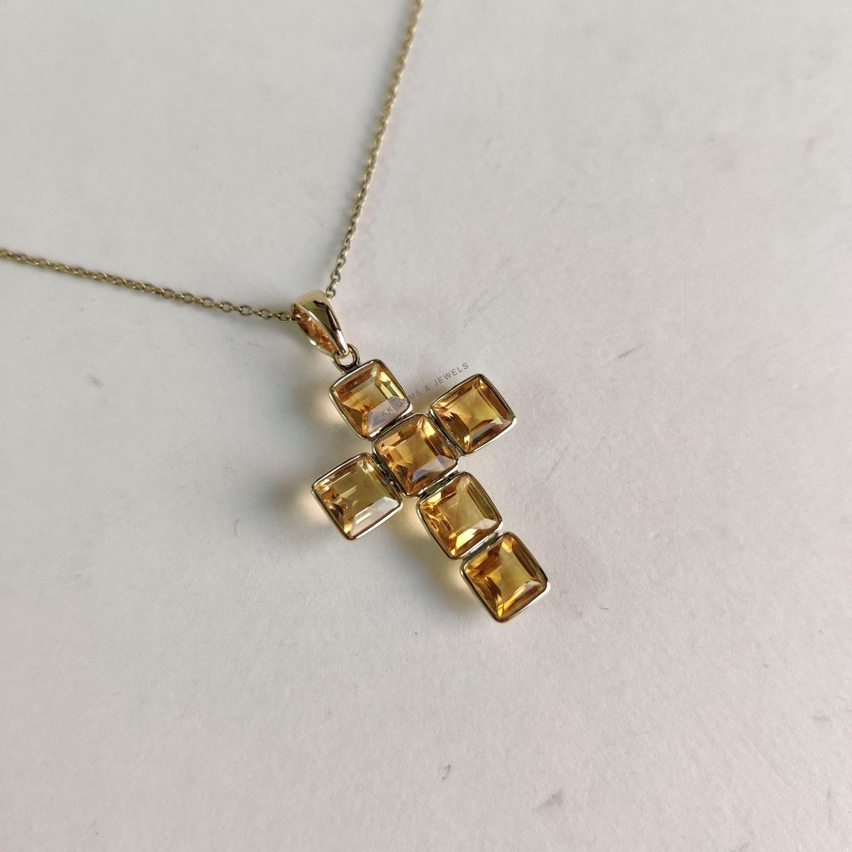 14K Solid Yellow Gold Natural Citrine Cross Pendant, November Birthstone
