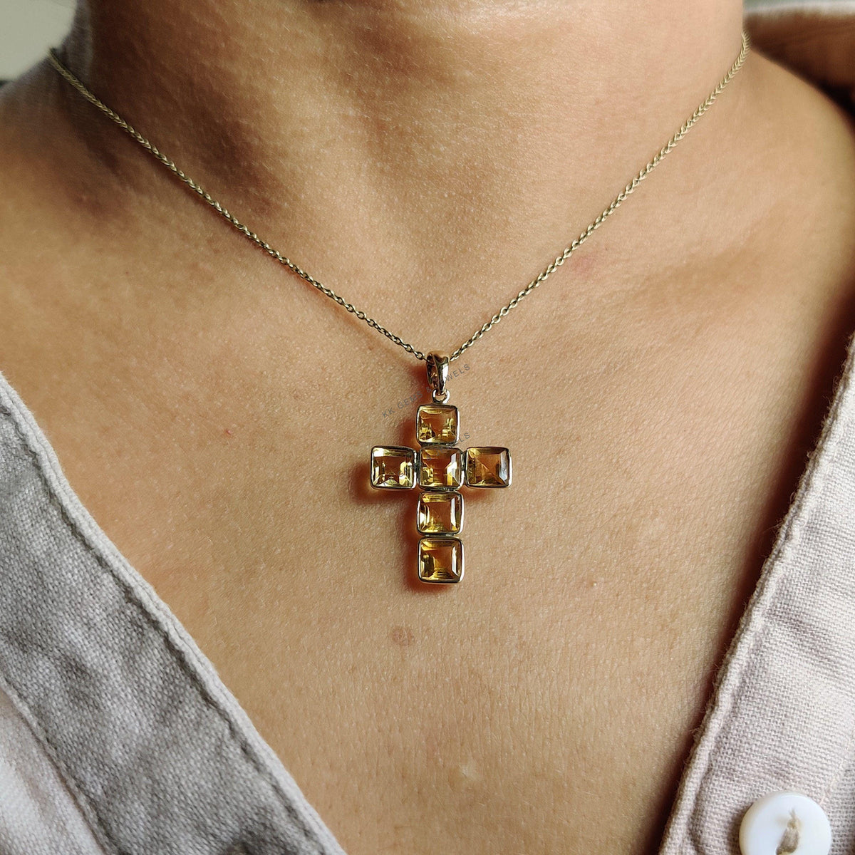 14K Solid Yellow Gold Natural Citrine Cross Pendant, November Birthstone