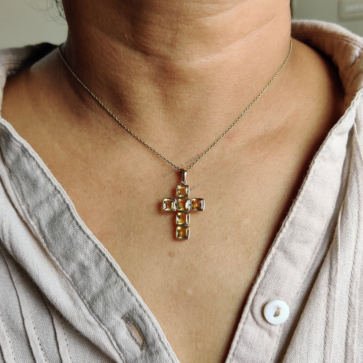 14K Solid Yellow Gold Natural Citrine Cross Pendant, November Birthstone