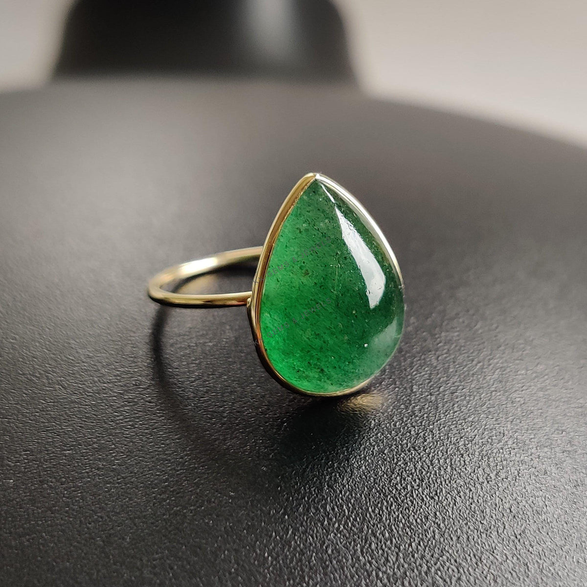 14K Solid Gold Natural Green Aventurine Ring, Pear Cabochon, August Birthstone