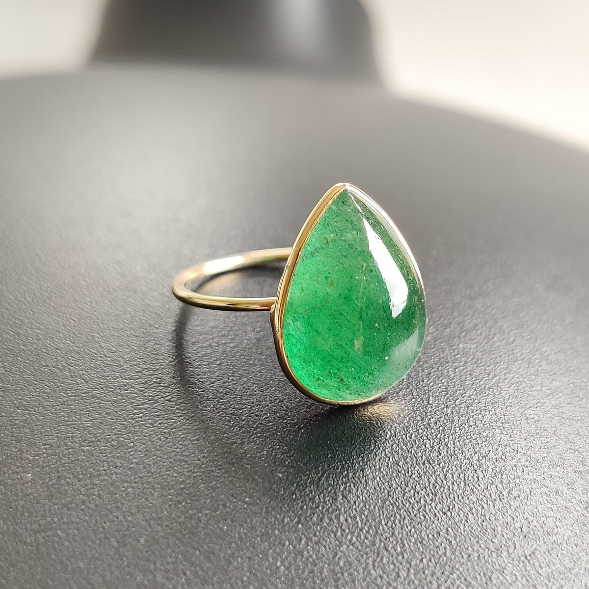 14K Solid Gold Natural Green Aventurine Ring, Pear Cabochon, August Birthstone