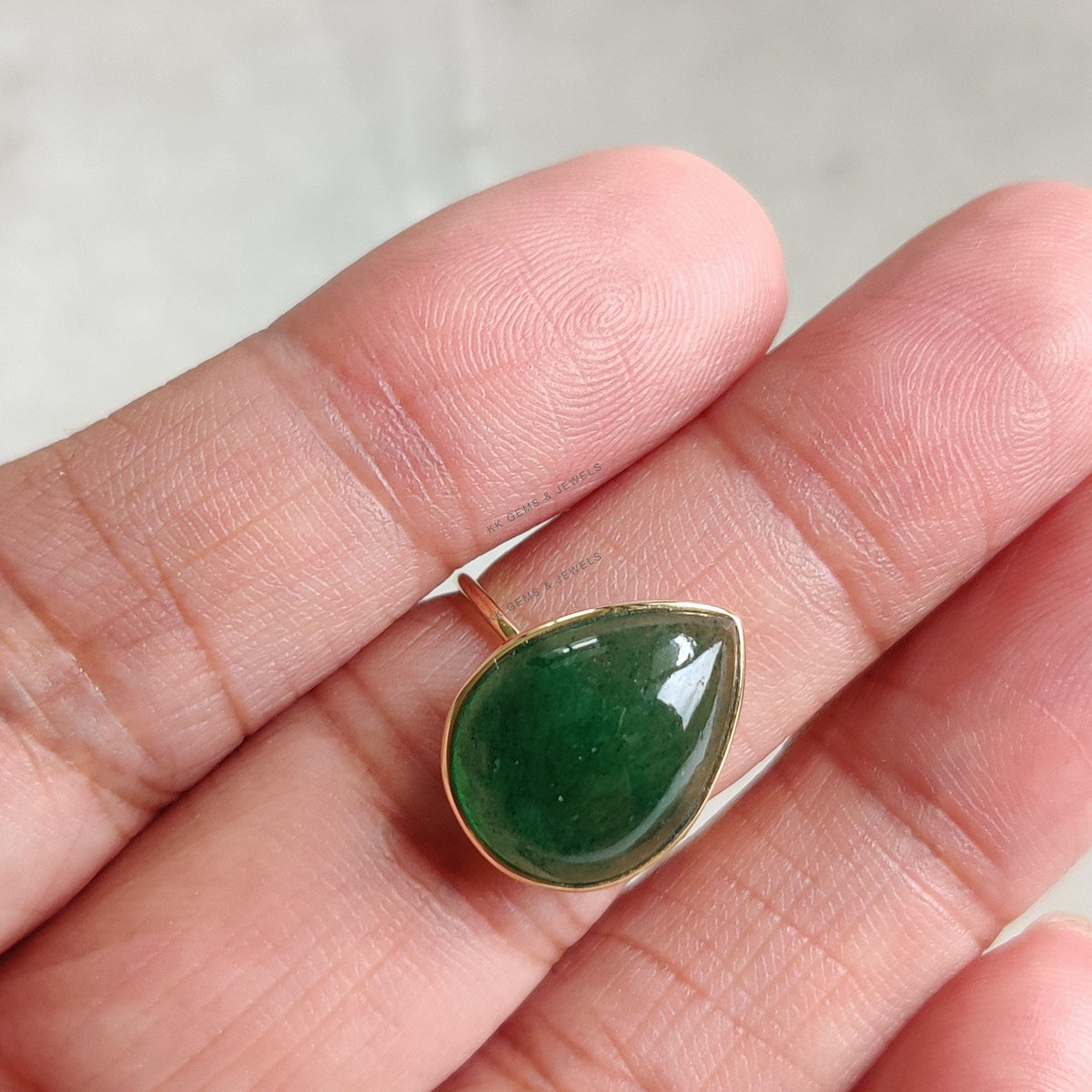 14K Solid Gold Natural Green Aventurine Ring, Pear Cabochon, August Birthstone