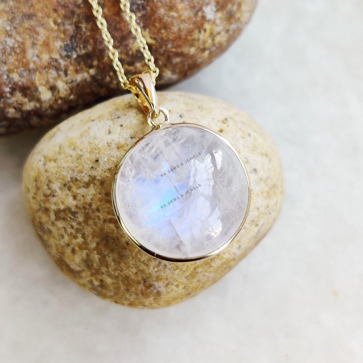 Natural Rainbow Moonstone Pendant, 14K Solid Yellow Gold Round Cabochon