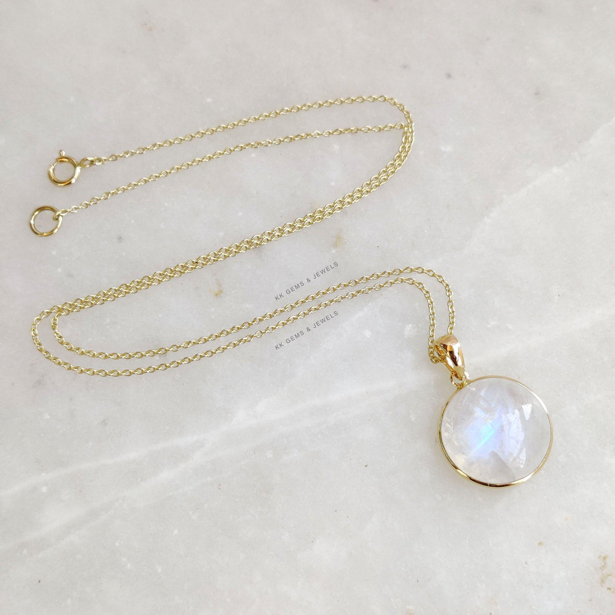 Natural Rainbow Moonstone Pendant, 14K Solid Yellow Gold Round Cabochon