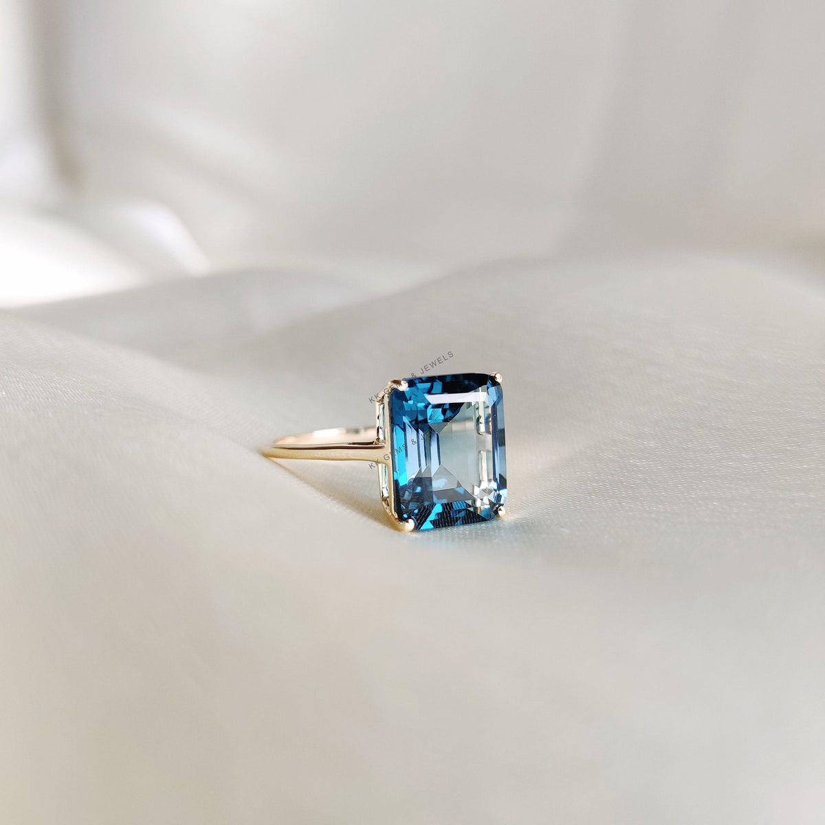 Natural Emerald Cut London Blue Topaz Ring, 14K Solid Yellow Gold December Birthstone