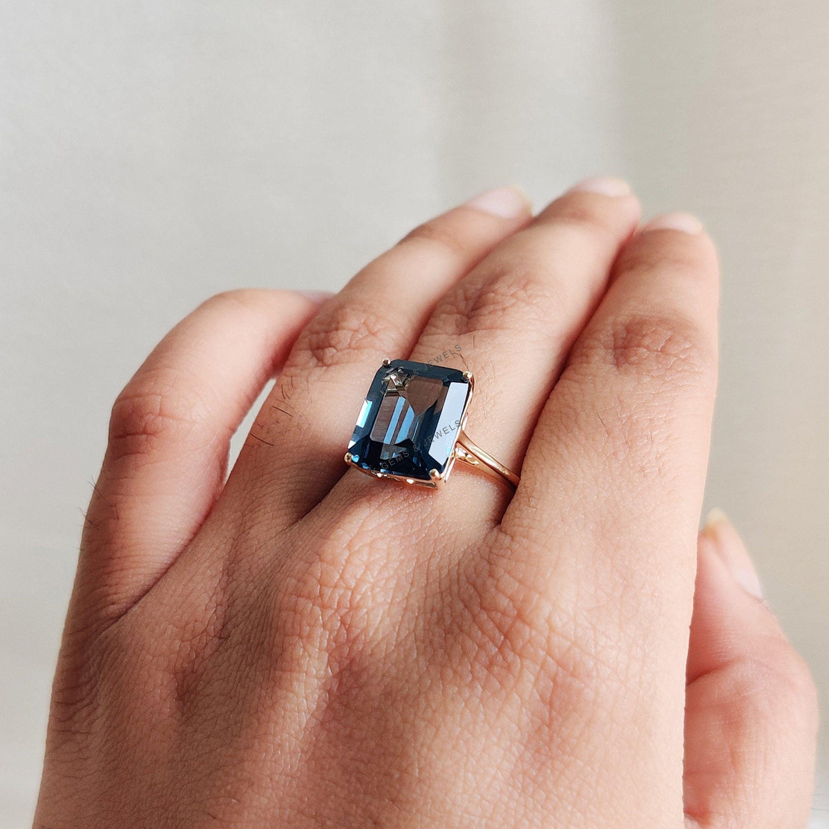 Natural Emerald Cut London Blue Topaz Ring, 14K Solid Yellow Gold December Birthstone